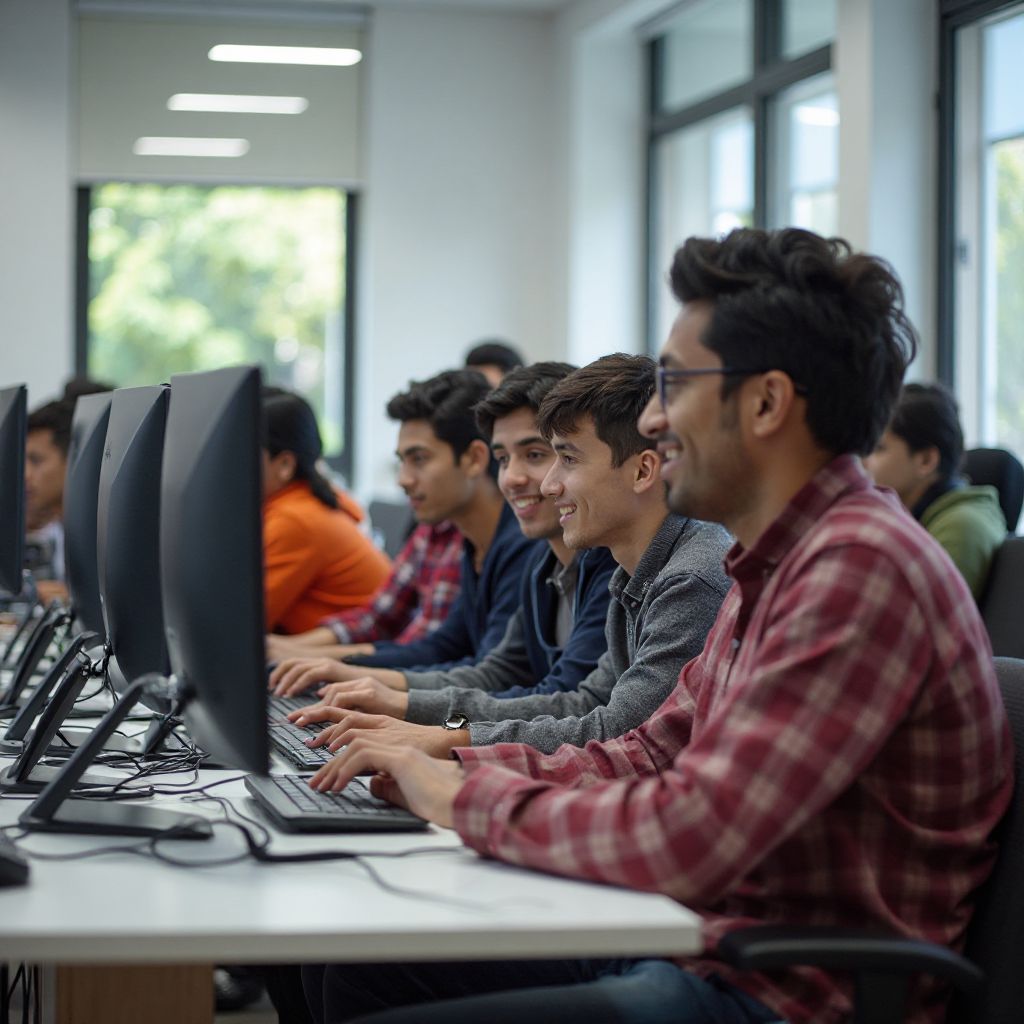 Students collaborating on coding project in modern classroom